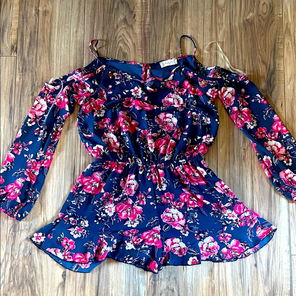Altar'd State Navy Floral Short Romper with Pink Accents. Long sleeve